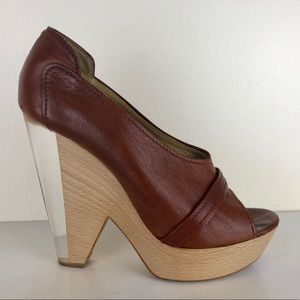 Chloe Brown Lucite & Wooden Heel Platform Wedge 37